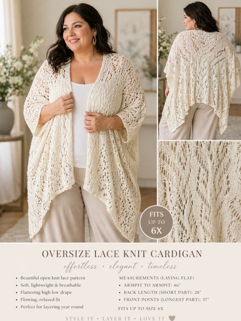 Oversized Lace Knit Cardigan – Elegant High-Low Drape (Fits up to 6X)